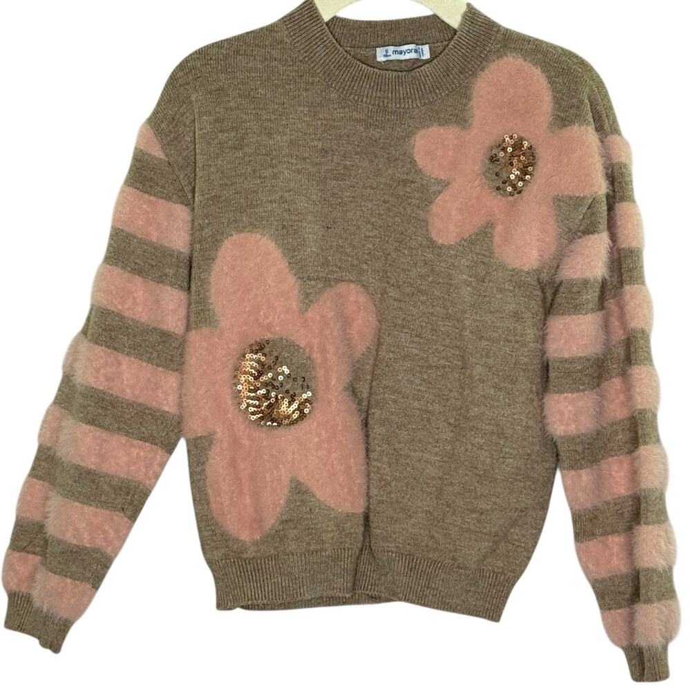 Mayoral 5 Year Girls Daisy Sweater Light Walnut Brown Pink Sequin
